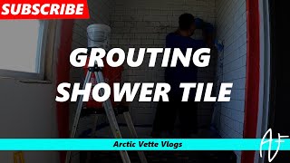 Grouting tiles in Bathroom Shower Finaly touches to our bathroom  AVHQ House Remodel Update [upl. by Zulch]