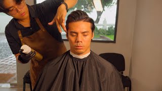 ASMR Hairwash Shave and Styling Barber During a Rainstorm [upl. by Melak]