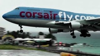 Corsairfly  Boeing 747 Landing during Heavy Rain at St Maarten Princess Juliana Intl Airport [upl. by Ttayh]