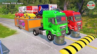 Double Flatbed Trailer Truck vs speed bumpsBusses vs speed bumpsBeamng Drive966 [upl. by Savart]