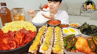 ASMR MUKBANG 집밥 먹방 매콤낙지볶음 마늘 보쌈 계란후라이 김치 FIRE NOODLE SPICY SEAFOOD PORK BELLY EATING SOUND [upl. by Bertila]