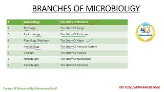 BRANCHES OF MICROBIOLIGY Based On Taxonomical Characteristic microbiology branchesofmicrobiology [upl. by Aisirtap]