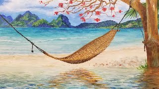 Hammock Seascape Acrylic Painting LIVE Tutorial [upl. by Nea]