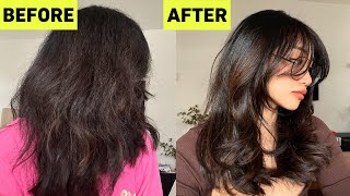 How To Style Curtain Bangs and Tame Frizzy Hair Like HAIR STYLISTS [upl. by Nhguavad9]