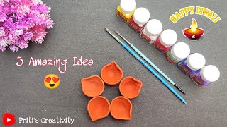 5 Easy Unique diya Decoration  Diy Diya Painting Idea  Diwali Decoration  By  Priti Saha [upl. by Oiliruam]