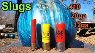 Shotgun Slugs VS Bowling Balls 410 20ga 12ga [upl. by Allerim]