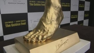 Gold model of Lionel Messi left foot unveiled by jewellery store [upl. by Virginia]