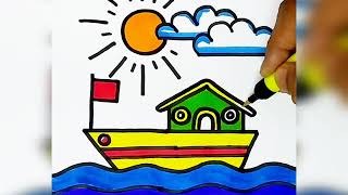 Wow Easy House Boat Drawing amp Colouring  House Boat Drawing Easy For Kids colouring pages [upl. by Eiramrefinnej]