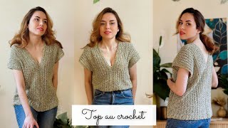 Top au crochet FACILE  Modèle blouse couture Kelly  Patron GRATUIT avec tailles XS8XL ☀️💐 [upl. by Stuppy]