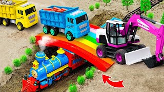 Car toy JCB  Tractor excavator crane mixer truck making a mini concrete bridge for train for kid [upl. by Atiuqihs]