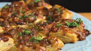 CARAMELIZED ONION AND MUSHROOM PUFF PASTRY BITES  BEST HOLIDAY APPETIZER [upl. by Ludlew834]