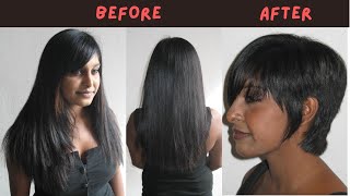 Surprise long to short haircut for pretty Indian lady haircut ladieshaircut hair pixiecut salon [upl. by Alebasi38]