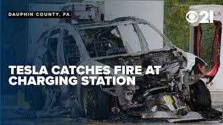 Tesla catches fire at EV charging station Harrisburg fire chief addresses safety [upl. by Runck475]