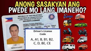 MGA SASAKYAN NA DAPAT IMANEHO DRIVERS LICENSE CODE DL CODE A A1 B B1 B2 C D BE CE DL CODES [upl. by Akinek]