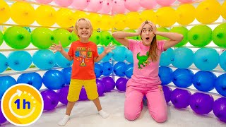 Balloons Cube and other funny challenges for kids with Chris and Mom  1 Hour Video [upl. by Eitsyrk]