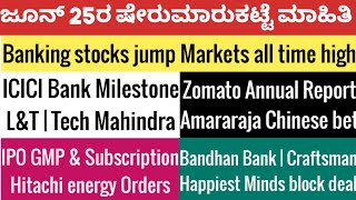 25June Market newsICICI BankTech MahindraLampTZomatoHappiest MindsAmararajaBandhan BankHitachi [upl. by Ciardap]