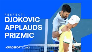 Djokovic applauds 18yearold star Prižmić after gruelling fourset match 👏  Australian Open 2024 [upl. by Milak]