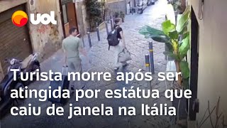 Turista morre atingida por estátua que caiu de janela na Itália vídeo mostra momento da queda [upl. by Michaeline]