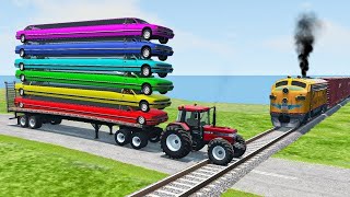 Double Flatbed Trailer Truck vs Speedbumps Train vs Cars  Tractor vs Train BeamngDrive 050 [upl. by Einrae624]