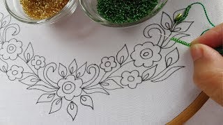 beaded hand embroidery neck design for dressbeads work easy neck stitches [upl. by Alyakcim843]