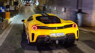 Ferrari 488 Pista with NOVITEC Exhaust in Monaco  Blue FLAMES Accelerations Chased by Police [upl. by Akehsal]