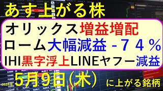 あす上がる株 2024年５月９日（木）に上がる銘柄 ～最新の日本株での株式投資。ローム、オリックス、ＬＩＮＥヤフー、ＩＨＩ、マツダ、オムロン、ヤマハの決算と株価。高配当株やデイトレ情報。初心者も～ [upl. by Benildas]