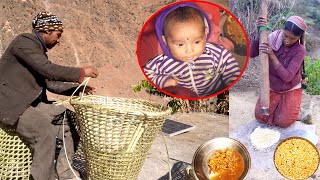 dharme weaving bamboo basket to sell and cooking snack for family ruralnepall [upl. by Etselec]