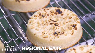 How English Crumpets Are Made At Europes Biggest Bakery  Regional Eats [upl. by Eelyac]