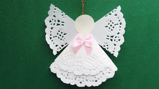 DIY How to Make a Cute Doily Paper Angel Christmas Tree Ornament  Easy Xmas Craft [upl. by Kobylak]