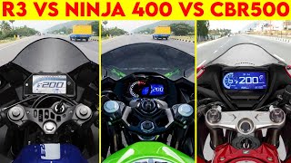 Ninja 400 VS Yamaha R3 VS CBR 500R  0 TO 200  TOPSPEED [upl. by Herring463]