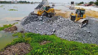 Start Action With Dozer Shantui And Wheel loader Move Stone and sand in water [upl. by Trini]