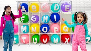 Emma and Jannie Pretend Play with Alphabet Balloons Challenge  ABC Learn English Alphabet [upl. by Lail119]