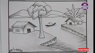 How to draw easy village scenery drawing for kids  kids simple drawing with pencil [upl. by Ikcin]