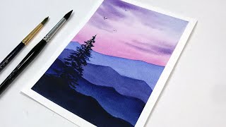 Watercolor Tutorial For Beginners Step by Step  Purple Sunset  Watercolor Painting For Beginners [upl. by Handy]