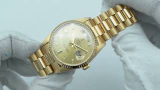 Rolex 18238 DayDate 36 mm 18K Yellow Gold Champagne Factory Diamond Dial President Bracelet 1993 [upl. by Esinaj]