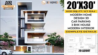 Home Design 3D  20x30 House Plans with Car Parking  3 bhk House  Interior Design  Full Details [upl. by Carmine]