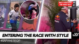 Yuki Tsunoda PARKOUR and Verstappen Squeezed through narrow gates to enter the racetrack Japanese GP [upl. by Nylhsa]