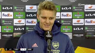 quotI felt at home since the first dayquot Martin Odegaard speaks after first Arsenal goal vs Olympiacos [upl. by Yssor]