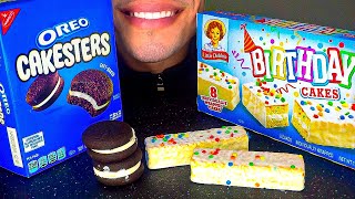 ASMR OREO CAKESTERS LITTLE DEBBIE BIRTHDAY CAKES COMMERCIAL REVIEW RECIPE AD EATING SOUNDS CHANNEL [upl. by Dolorita]