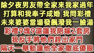 除夕夜男友帶全家來我家過年！打算和我奉子成婚 我問彩禮！未來婆婆當場發飆潑我一臉湯！彩禮9塊9還讓我陪嫁2套房！我反手將他們趕出家門！隔天一舉動讓他全家徹底傻眼！落日溫情生活經驗情感故事 [upl. by Llenet655]