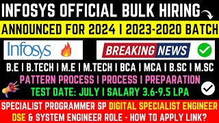 Infosys 2024 Official Bulk Hiring Announced  20242020 Batch  SE SP DSE  Exam in July Apply Link [upl. by Mathilda]