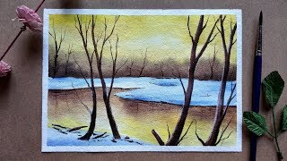 Snow Scene with Watercolor Painting  Beginners Watercolor [upl. by Mccutcheon]