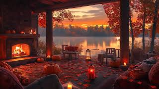 Cozy Lakeside Patio  Soft Jazz with Fireplace Lighting and Relaxing Autumn Breeze 🍂🔥 [upl. by Annauqal]