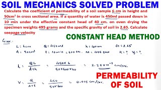 constant head permeability  Numerical on Permeability of Soil Discharge amp Seepage velocity of soil [upl. by Suiravat529]