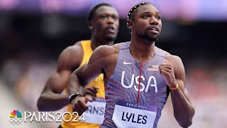 Noah Lyles makes Paris Olympics debut with a swift secondplace effort in 100m heat  NBC Sports [upl. by Enajiram]