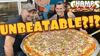 UNBEATABLE  CHAMPS INFAMOUS 36” TEAM PIZZA  MOLLY amp GEOFF VS the CHAMPS CHALLENGE  MOM VS FOOD [upl. by Sirod]