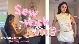 Sewing a cotton skort  shortskirt  DIY Tutorial  Drafting pattern [upl. by Tadeas]