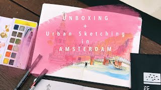 Unboxing  Derwent Line and Wash Sketching Set  Urban Sketching with Watercolor in Amsterdam  ASMR [upl. by Layol]