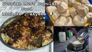 Cooking the MOST POPULAR FOOD in IVORY COAST  ATTIEKE with fish POISSON CASSAVA COUSCOUS AKYEKE [upl. by Haniraz]