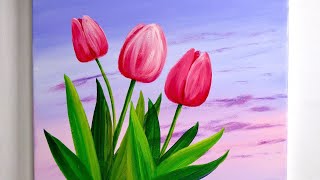 Easiest Way to Draw Tulip Flower  Acrylic Painting for beginner [upl. by Valentino]